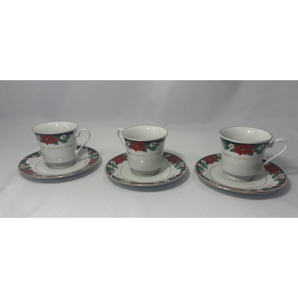 🎄Tienshan Fine China Deck the Halls Tea Cups and Saucers Set of 3 Christmas